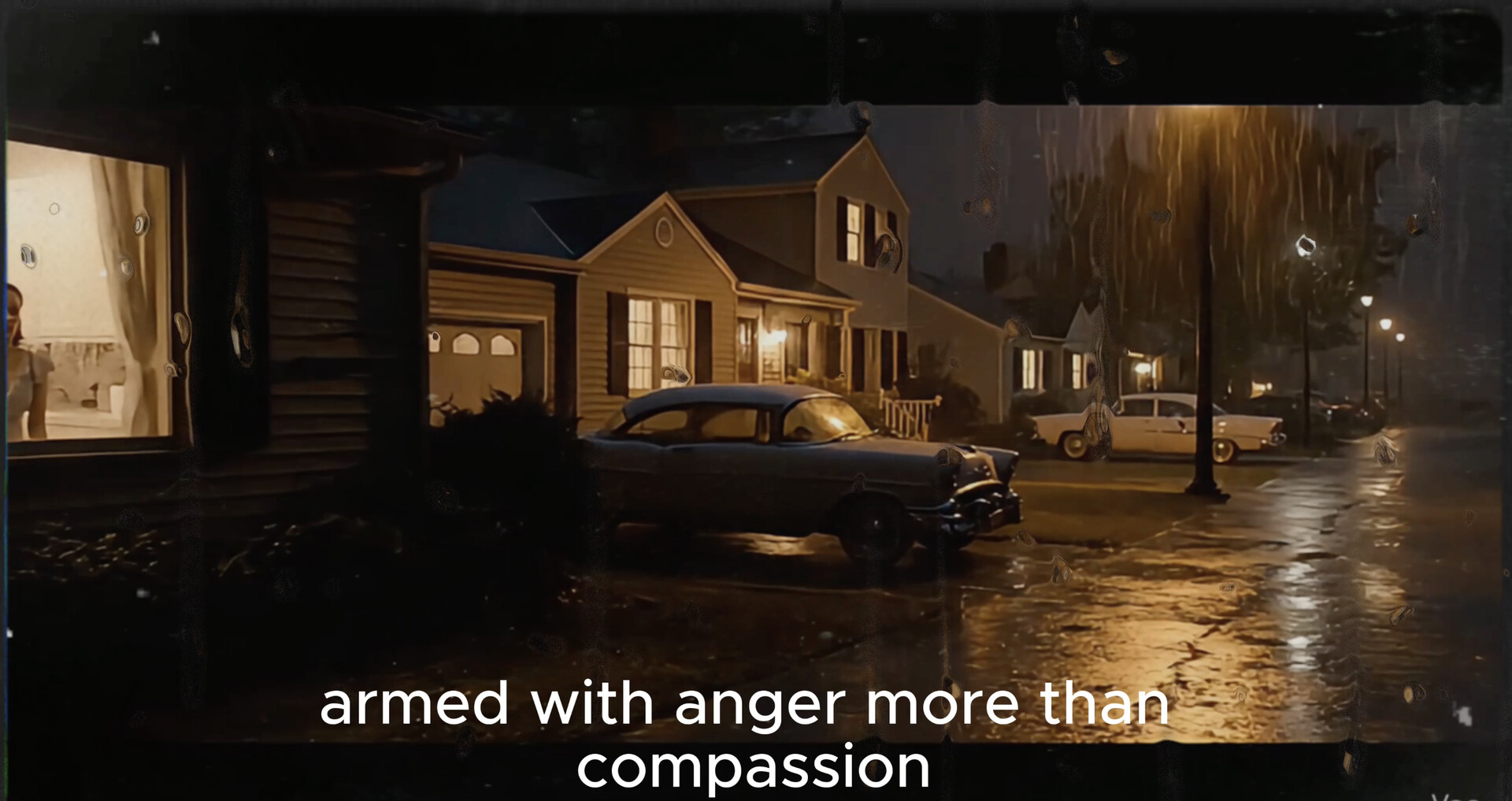 Case suburbane e automobili anni Cinquanta di notte in American Musical