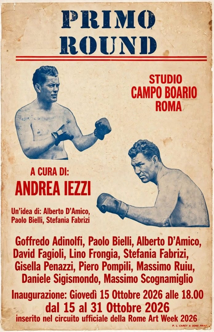 Locandina della mostra collettiva Primo Round allo Studio Campo Boario di Roma